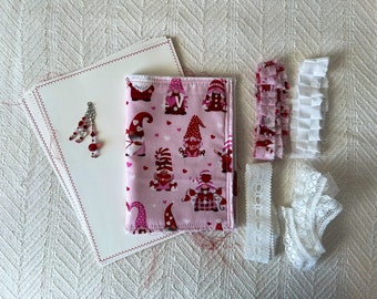 Pink Gnomes and Hearts- Junk Journal Kit - Fabric Soft Junk Journal Cover, Mixed Media, Junk Journal