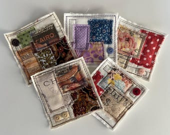 Quilted and Collaged Squares - Fabric Pieces for use in Junk Journals, Mixed Media, Upcycling and Collage, Embellishments