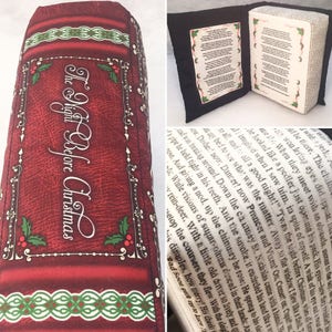 May include: A red and green book-shaped pillow with the text "The Night Before Christmas" on the front. The pillow is made to look like a vintage book with a leather cover and gold lettering.