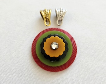 Colorful Bakelite Button Pendant with Red, Green, Black and Butterscotch Buttons