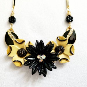 Collage Necklace in Yellow, Mustard and Black with Enamel Flowers