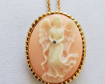 Guardian Angel Cameo with Rhinestone Brooch and Pendant Necklace