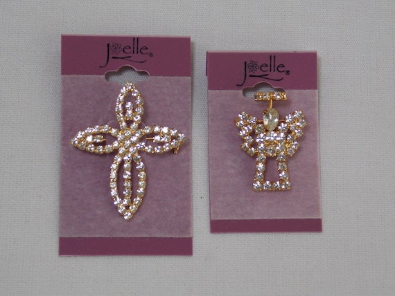 Vintage Rhinestone Cross and Angel Pins by Joelle - image 1