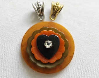 Colorful Bakelite Pendant with Butterscotch,  Green, Orange and Black Bakelite Heart