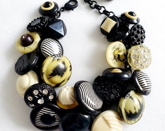 Antique Button Bracelet in Black and Cream with Celluloid, Glass, Rhinestone and Rare Art Deco Striped Buttons