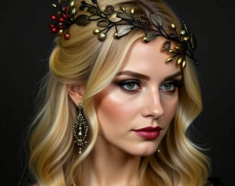Black Gold leaf hairpiece Gothic wreath bridesmaids gift Prom accessory