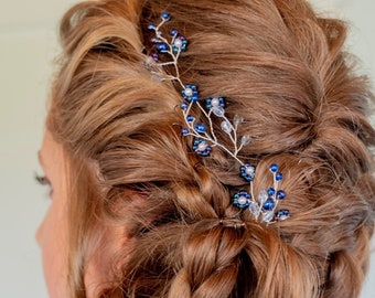 Silver Blue Floral Hair Vine: Crystal Wedding Hairpiece Bridesmaids headpiece