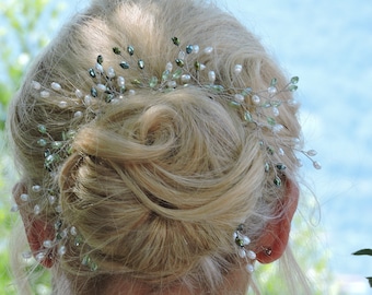 Leaf Bridal Hair Pin with green beads: Olive Garden Hairpiece greenery wedding