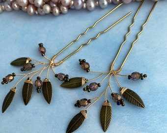 Haarspelden met blad: bronzen boshaaraccessoires Valentijnsdagcadeau
