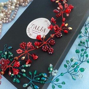Red or Emerald Green Bridal Hair Vine: Crystal Wedding Headpiece