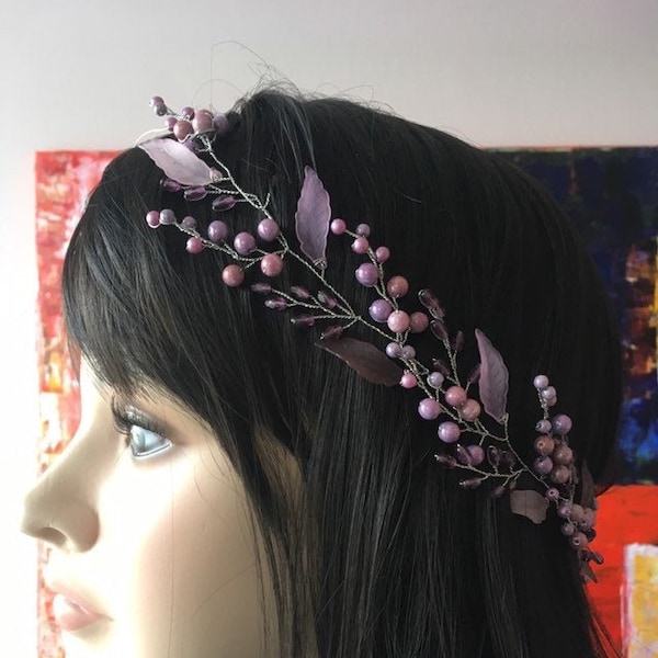Bridal hair vine purple wedding headband purple hairpiece bridal hair wreath headpiece Prom hair accessory wedding hair jewelry purple tiara
