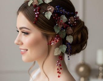 Wedding accessory, Bridal hairpiece with leaves, Red and Blue clusters, Garden wedding, Summer gift