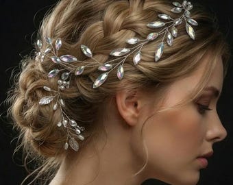 Crystal Leaf Wedding Hair Vine, Bridal Headpiece, Silver Branch, Prom hair adornment