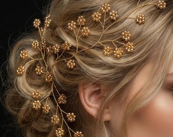 Golden Flowers Bridal hairpiece, Romantic accessory with small flowers, Summer Wedding Floral hair vine