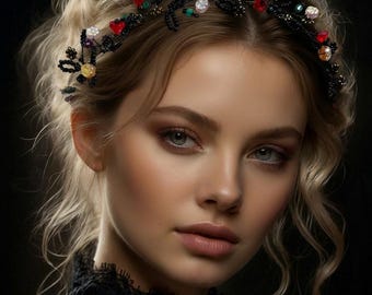 Black Floral hairpiece Gothic bridal Dark wedding wreath Dark Whimsical Hair Jewelry Prom