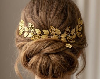 Gold Leaf Bridal hair vine, Greek Goddess Wedding Headpiece, Prom hairpiece with leaves