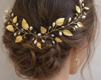 Pearl Leaf Wedding Hair Vine, Bridal Headpiece, Grecian Tiara, Summer accessory, Boho adornment
