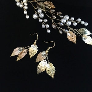 Bridal Leaf Hair Vine and Earrings Set: Gold Wedding Hairpiece & earrings