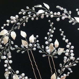 Silver Leaf Bridal Hair Pins: Pearl & Crystal Wedding Hairpiece