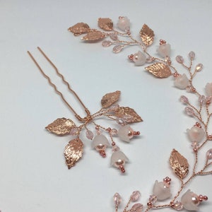 Bridal Hair Pin: Rose Gold Leaf & Flower Headpiece Bridesmaids hairpiece