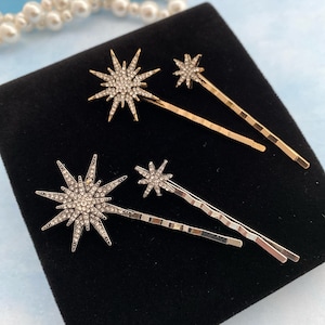 Celestial Star Hair Pins: Rhinestone Bridal Bobby Pins, Gold or Silver