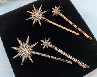 Set of two star hair pins, Celestial Wedding Hair Pins, Star Hair Pins, Gold Wedding Bobby Pins, Rhinestone Hair Clips Stars Bridal Hair Pin
