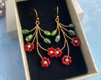 Flower earrings red daisy earrings floral earrings flower jewelry gift for her Mother's Day gift floral earrings botanical dangles bohemian
