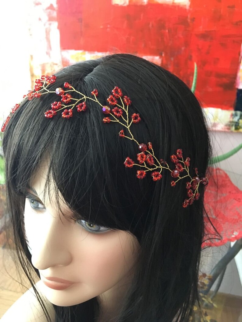 Bridal Hair Vine Red Hair Piece Wedding Headpiece Red Flower Etsy
