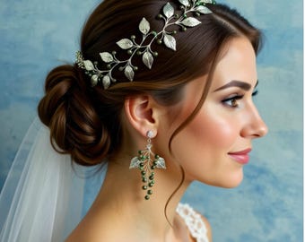 Silver Green Hair Vine and Earrings, Greenery Wedding Bridal Accessory, Bridesmaids gift, Summer adornment