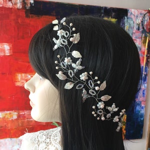 Silver Leaf Bridal Hair Vine: Blush Flower Wedding Headpiece Bridesmaids hairpiece