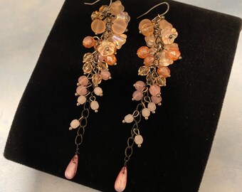 Pink long earrings clusters Statement Luxe jewelry Elegant cluster earrings Luxe earrings pinkish flower earrings Floral spring earrings