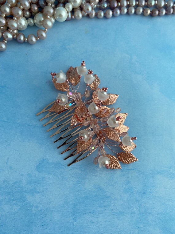 Rose Gold Leaf & Pearl Bridal Hair Comb Wedding Hair Comb Crystal, Pearl, Bridal Accessory Flower  main image 4