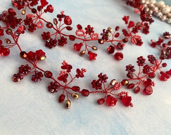 Bridal hair vine red hair piece floral red headband red tiara red wedding hair accessory red hair wreath red headpiece Prom hair adornment