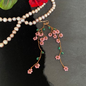Pink Floral Dangle Earrings: Flower Branch Jewelry long earrings with flowers