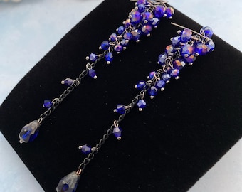 Blue long earrings clusters Statement Luxe jewelry Elegant cluster earrings Luxe earrings cobalt blue grapes earrings Floral spring earrings