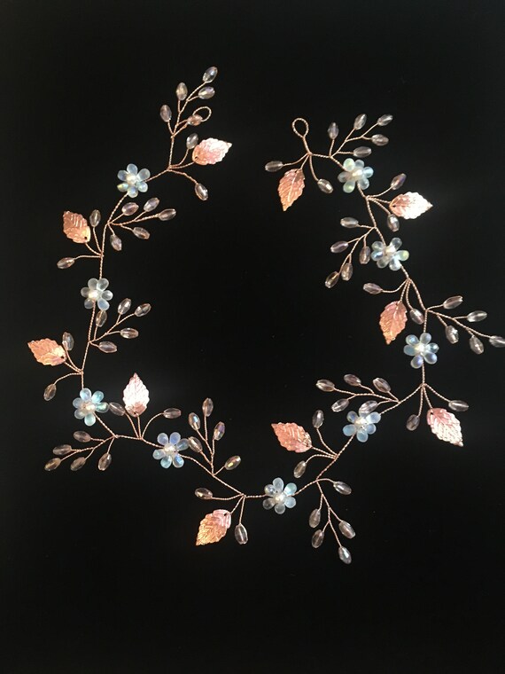 Floral Bridal Hair Vine, Rose Gold Leaf Wedding Headpiece 