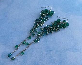 Emerald green long earrings Statement Luxe jewelry Elegant emerald earrings Silver Green cluster earrings Luxe earrings bright green silver