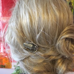 Puede incluir: Una pinza para el pelo de plata en forma de escarabajo con un dise&ntilde;o blanco y negro. La pinza est&aacute; en el pelo rubio de una mujer.