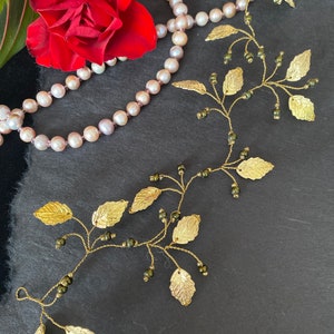 Gold Leaf Bridal Hair Vine: Green Wedding Headpiece Bridesmaids gift