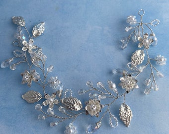 Wedding hair vine silver hairpiece bridal headband wedding wreath floral headpiece leaf crown with flowers bridal silver hair jewelry