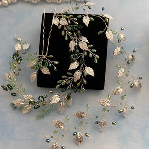 Silver Green Leaf Wedding Hair Vine: Bridal Headpiece Bridesmaids headpiece Greenery accent