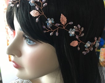 Bridal Hairpiece Rose Gold Wedding Hair vine Hair Piece Gold Bridal Flower wreath Floral Wedding Headband Bridal hair accessory with flowers