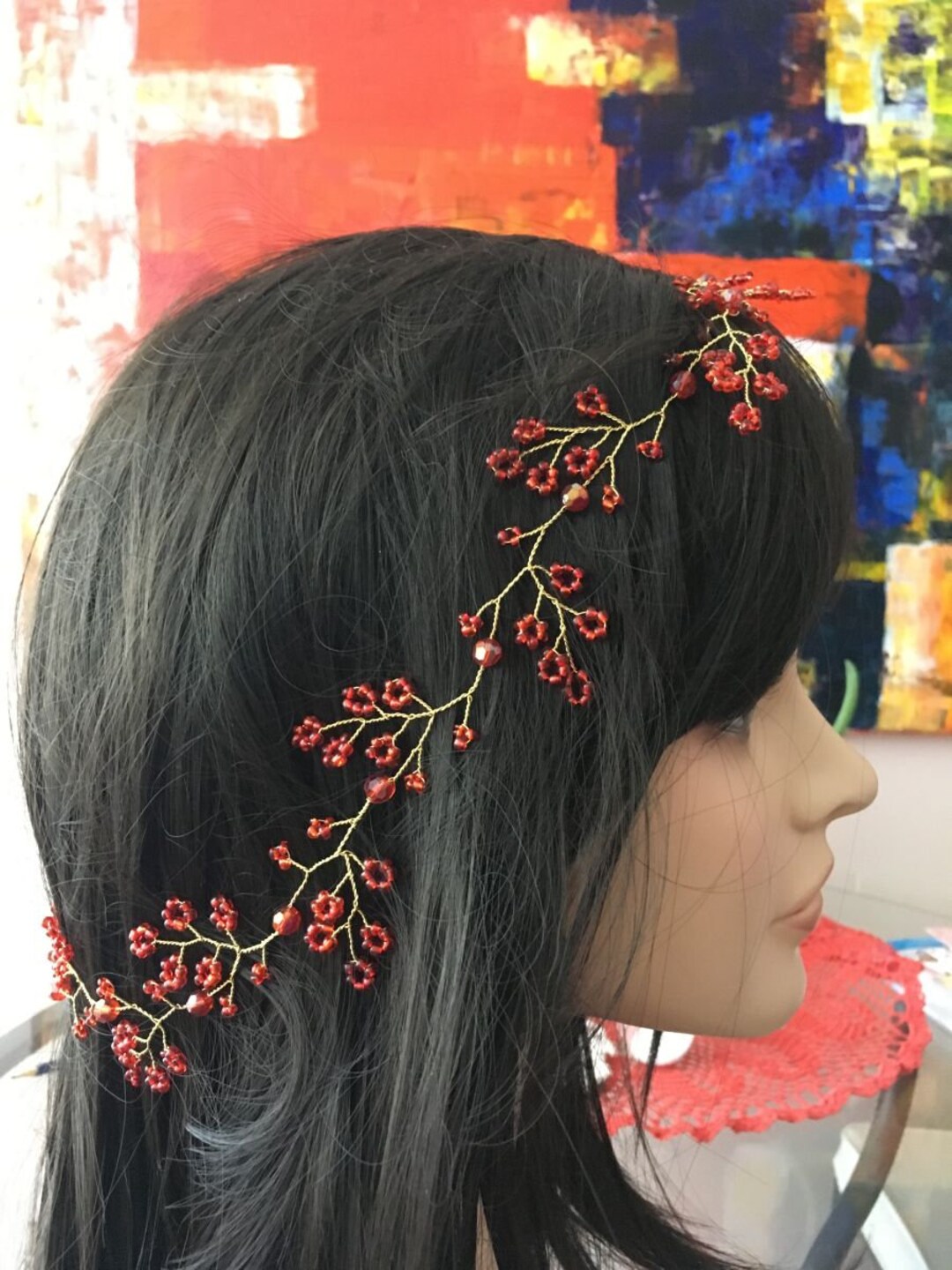 Bridal Hair Vine Red Hair Piece Wedding Headpiece Red Flower Tiara Red