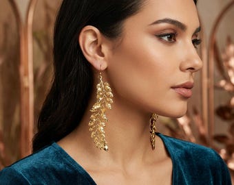 Long Leaf Branch Statement Earrings, 10 cm Botanical Dangle Earrings, Bohemian Bridal Accessory, Gift