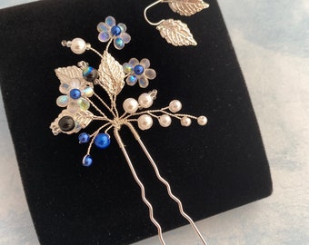 Bridal hair pin with leaves flowers Silver blue hairpiece Something blue Bridesmaids gift Hair stick with flowers leaves Floral hair jewelry