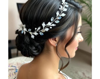 Bridal silver white hairpiece with flowers and leaves, Wedding accessory, Bridesmaids hair vine