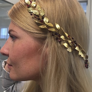 Blattgold Brautkranz: Rubinrot Tschechisches Glas Hochzeit Kopfschmuck Brautjungfern Haarschmuck