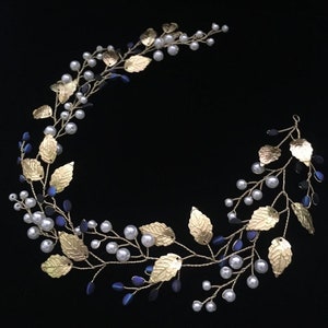 Gold Leaf Bridal Hair Vine: Navy Beads, Pearl Wedding Headpiece Bridesmaids hairpiece