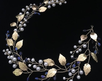 Bridal hair vine wedding headpiece hair wreath gold blue bridal leaf headband bridal tiara blue gold hairpiece navy gold head piece bridal