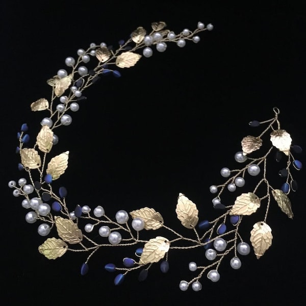 Bridal hair vine wedding headpiece hair wreath gold blue bridal leaf headband bridal tiara blue gold hairpiece navy gold head piece bridal